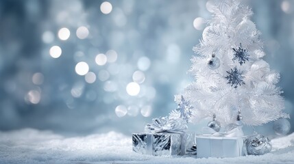 White and Silver Christmas Background with Presents and Lights