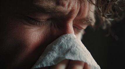 Close-up of a person sneezing into a tissue, capturing the moment of relief and care in soft natural light.
