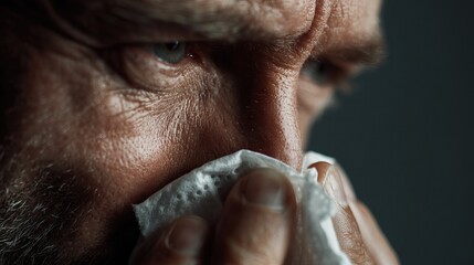 Close-up of a man sneezing into a tissue, capturing the moment of a sudden sneeze with clear facial expression and detail.