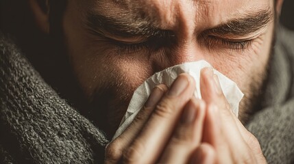 Close-up of a person sneezing into a tissue, capturing a moment of natural health care and human vulnerability.
