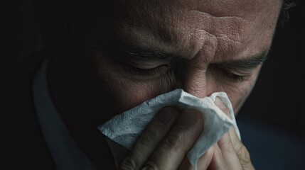 Close-up of a person sneezing into a tissue, capturing the moment of a sudden sneeze with soft natural lighting and clear details.