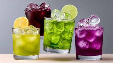 Four different colored drinks with ice cubes in them. The drinks are green, purple, yellow, and orange