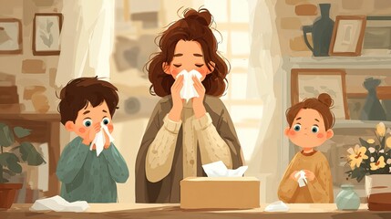 Mother sneezing into tissue at home, surrounded by family. Cozy indoor scene capturing care and concern during a cold season.