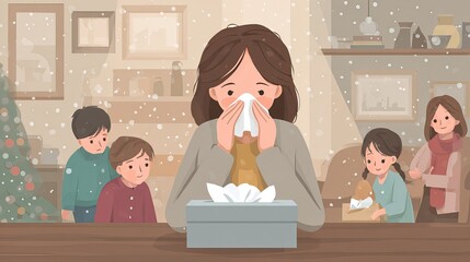 Mother sneezing into a tissue while surrounded by family members in a cozy home setting. Tender moment showing care and concern.