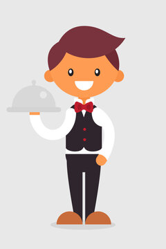 Cartoon Waiter Holding a Serving Tray