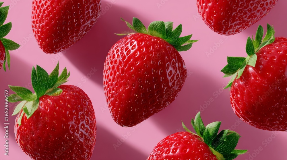 Poster a close up of a bunch of red strawberries. the strawberries are arranged in a row and are all the sa