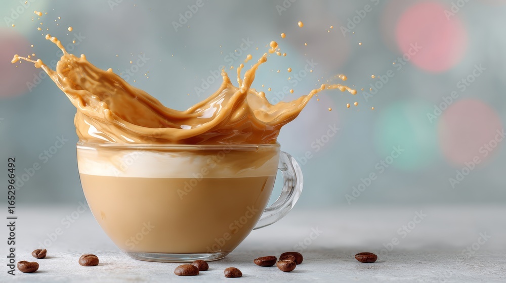 Poster a cup of coffee with a splash of milk and a few coffee beans on the table. concept of warmth and com