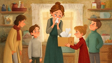Mother sneezing into a tissue while surrounded by family in a cozy home setting. Tender moment of care and concern on a quiet afternoon.