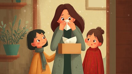 Mother sneezing into tissue while surrounded by family at home, capturing a tender moment of care and concern in a cozy living space.