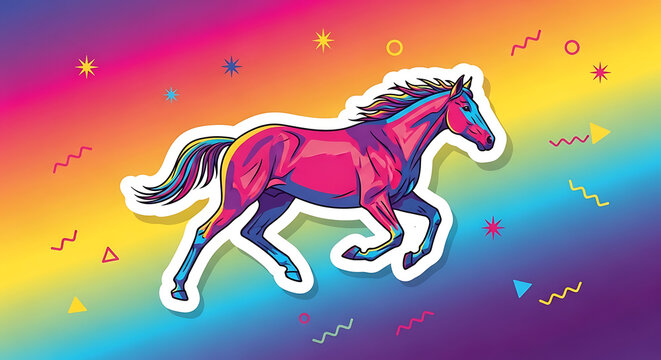 Naklejki Vibrant Running Horse Illustration with Rainbow Gradient Background and Graphic Elements