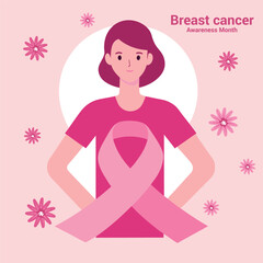 Breast Cancer Awareness Concept with Pink Ribbon – Support, Prevention, Hope, and Health Care Illustration