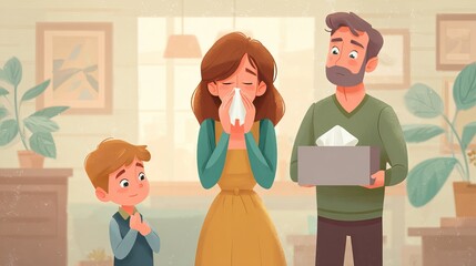 Mother caught in a sudden sneeze, tender moments unfolding as her family watches with care and concern in a cozy home setting.