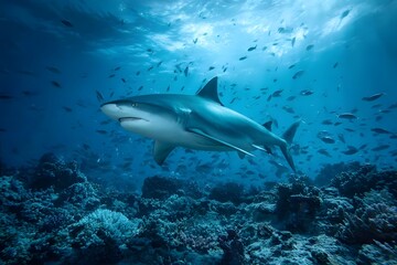 Obraz premium A shark swims in the blue ocean near coral reefs.
