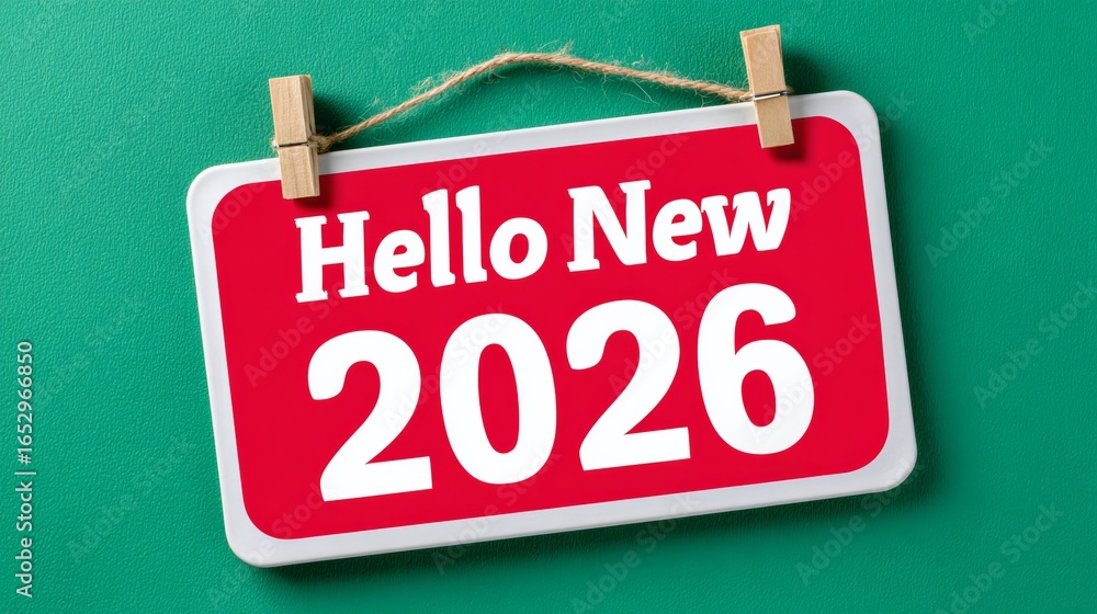 Poster a red sign with the words hello new 2016 hanging from a green background. the sign is hanging from a