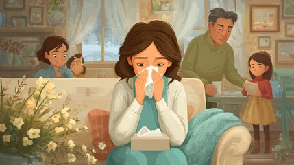 Mother sneezing into tissue at home, surrounded by caring family in a cozy living room. Gentle warmth and concern fill the scene.