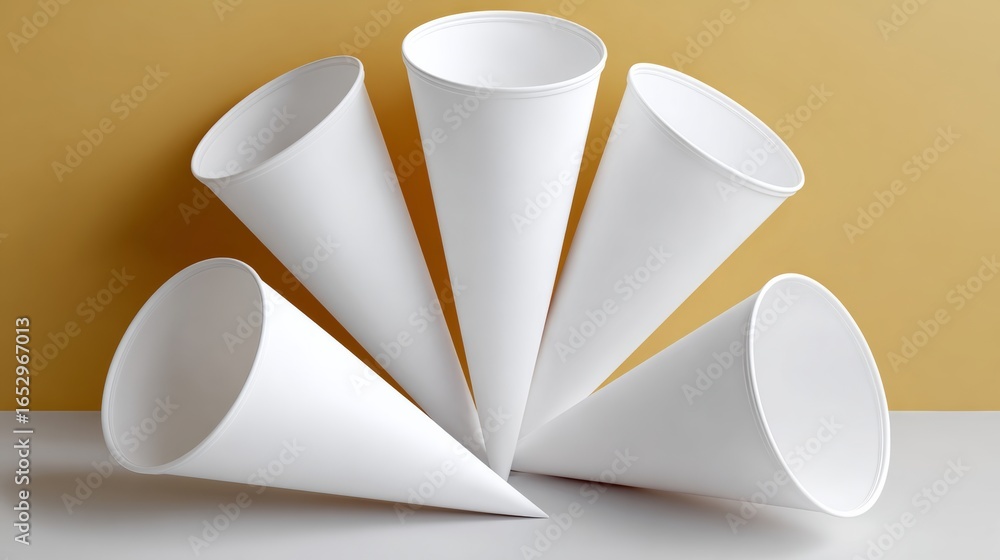 Poster a stack of paper cones with a yellow background. the cones are white and are arranged in a pyramid s