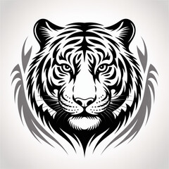 Fototapeta premium Majestic Tiger Illustration: A striking monochrome illustration captures the powerful essence of a tiger, with a detailed portrayal of its face and bold stripes.