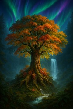 Fantasy giant tree with aurora and waterfall in mystical forest
