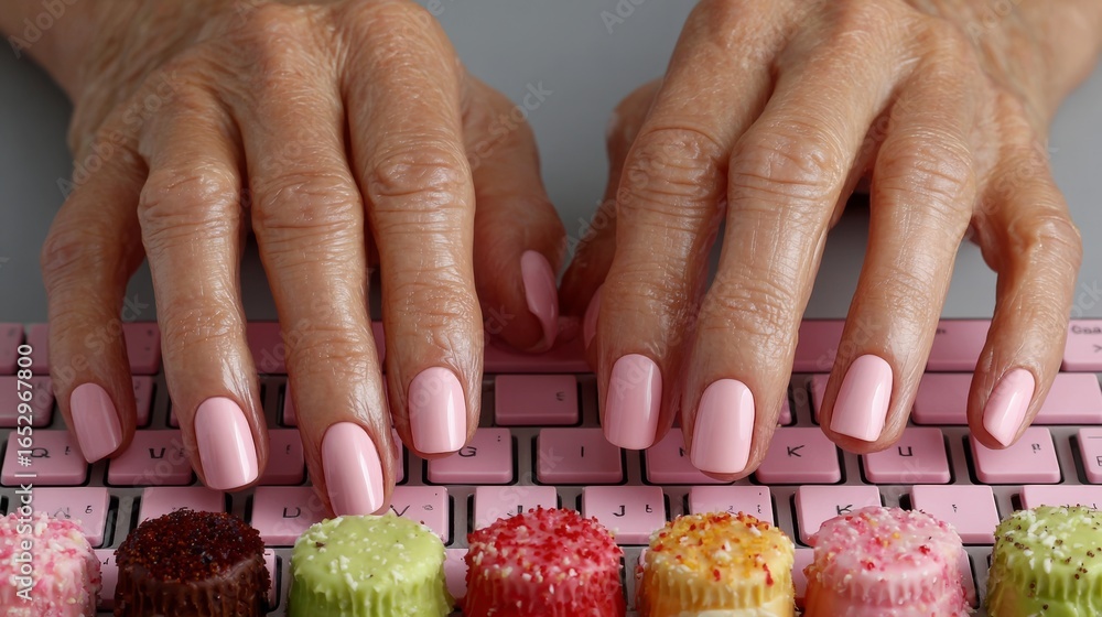 Poster a woman is typing on a pink keyboard with a variety of colorful cupcakes on the keys. the image conv