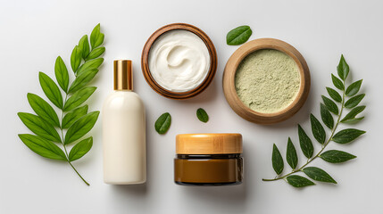 Natural skincare products including cream, lotion, and powder are displayed on a clean white surface with fresh green leaves for a refreshing spa aesthetic.