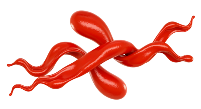 A squeeze of thick tomato ketchup from an invisible bottle, creating a playful, looping shape. The color is a vibrant red. High-speed , isolated on a transparent background.