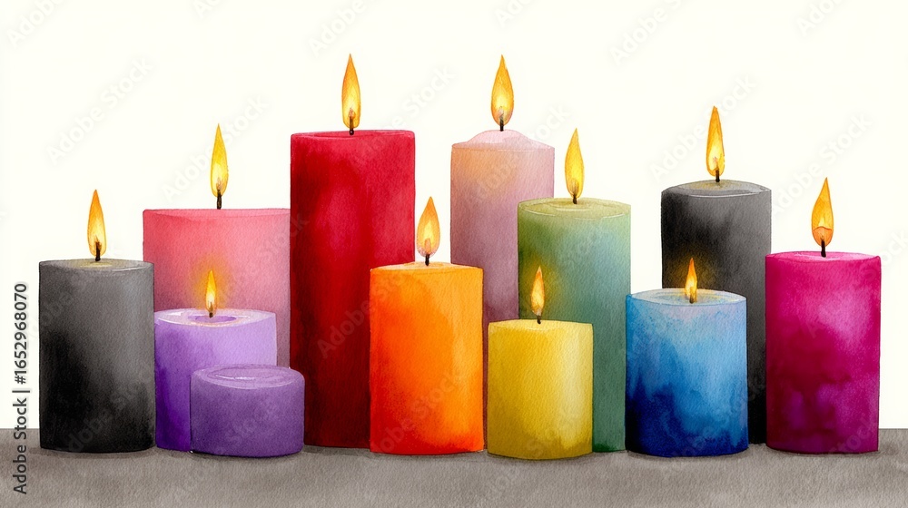 Aufkleber a row of colorful candles with a variety of colors and sizes. the candles are lit and create a warm 