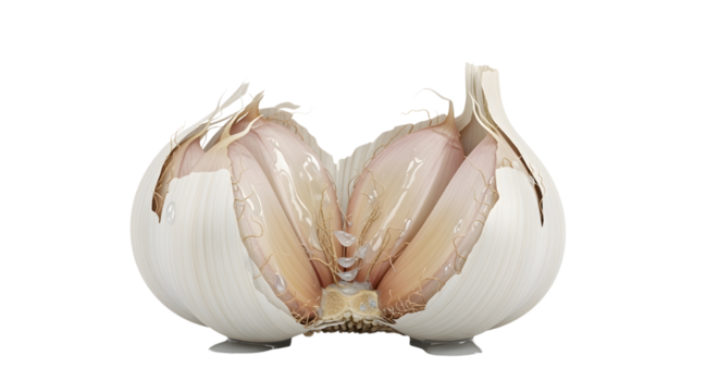 A single garlic clove, smashed by an unseen force, with its sticky juices and pungent aroma implied. The texture is rough and authentic. Macro  on a transparent background.