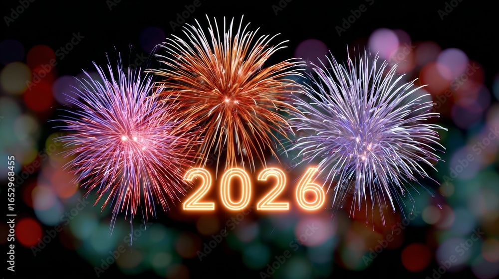 Aufkleber a fireworks display with the year 2016 written in neon letters. the fireworks are in different color