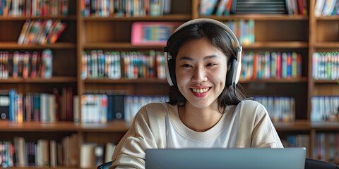 girl in headphones with laptop