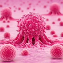 Microscopic view of aggressive cancer cells spreading and multiplying
