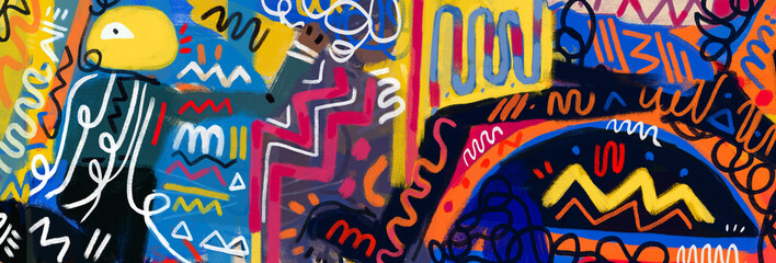 filled wall graffiti design illustration, strange guy observe camera with one eye. street art tag on the walls.