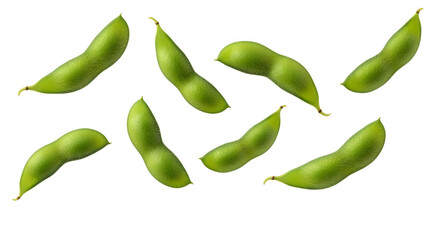 Several green, fuzzy soybean (edamame) pods levitating in a neat arrangement. The pods are plump and fresh. Photorealistic  with clean  on a transparent background.