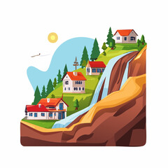 Idyllic mountain village with houses nestled on a grassy slope beside a cascading waterfall under a sunny sky