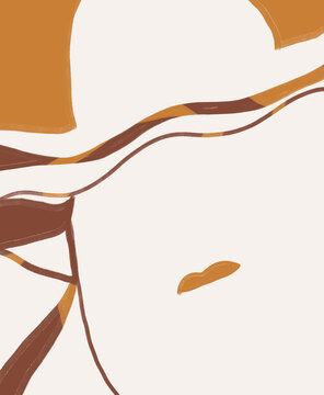 Close up Woman with hat. Very simple Trendy boho line art. Design for art and fashion industry and poster print. beige and brown Pastel color.