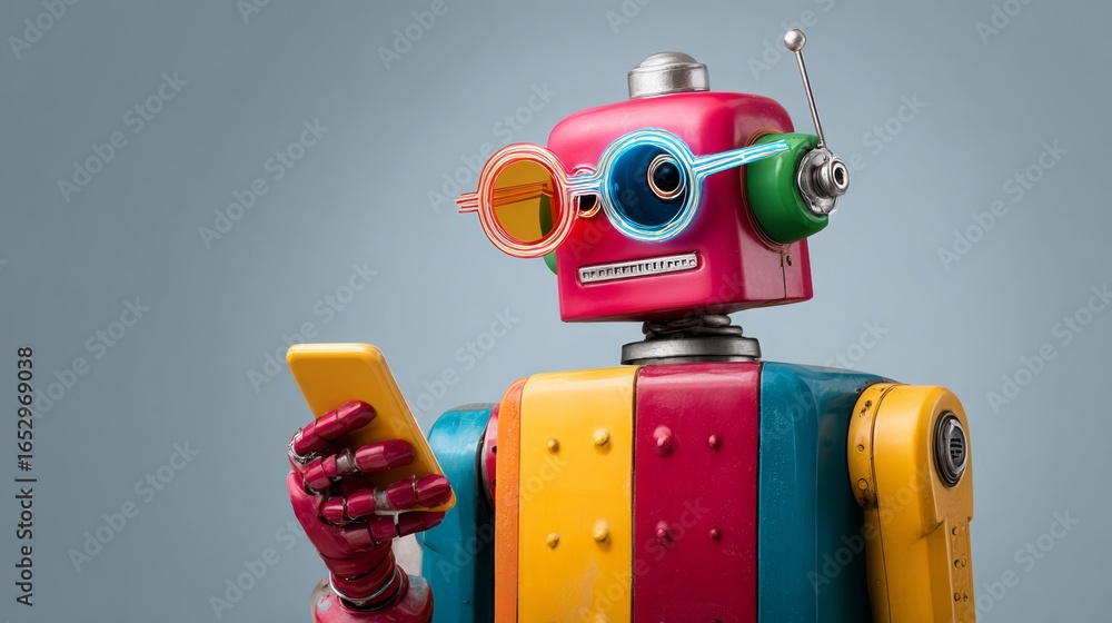 Poster A robot with glasses and a cell phone in its hand. The robot is colorful and has a playful, fun vibe