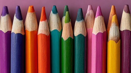 Fototapeta premium A row of pencils with different colors, including green, yellow, and purple. The pencils are lined up next to each other, creating a visually appealing and colorful display