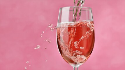 A glass of pink wine is poured into a wine glass. The wine is flowing out of the glass and splashing onto the table