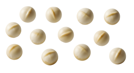 Several whole, shelled macadamia nuts levitating in a clean, scattered pattern. The nuts are creamy white and perfectly round. Photorealistic  with soft lighting on a transparent background.