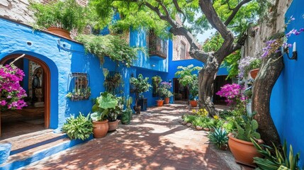 Vibrant Blue Courtyard with Lush Greenery and Shadow Play in Sunny Mexico
