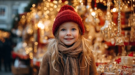 Little Child Surrounded by Christmas Decorations and Lights