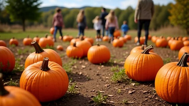 Walking through a pumpkin patch, pumpkins of all sizes scattered across the ground, children and families blurred in background