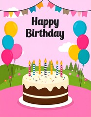 Birthday card with cake and balloons