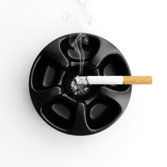 Black ashtray with smoldering cigarette on white background