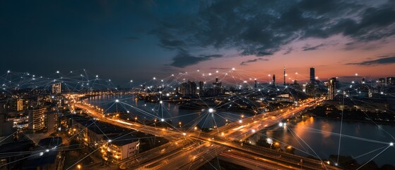 Fototapeta premium Smart city at night illuminated with AI powered data network lights