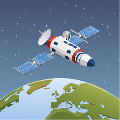 Fototapeta premium Space Station Above Earth, Digital Illustration, Nighttime View, Cosmic Environment, Science Concept
