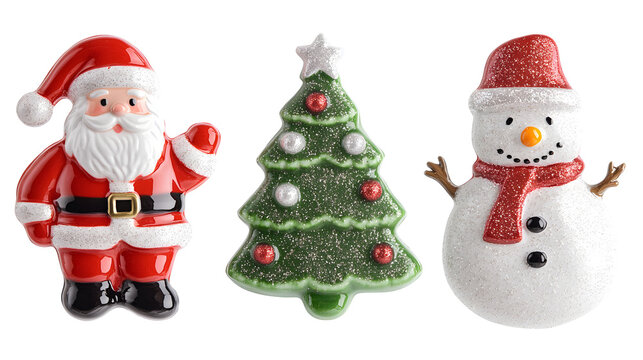 Three festive holiday cookies shaped like snowmen and a Christmas tree on a gray surface