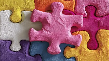 Obraz premium A pink piece of a jigsaw puzzle is placed on top of a colorful jigsaw puzzle. Concept of playfulness and creativity, as the pink piece stands out against the vibrant colors of the other pieces