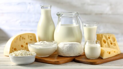 An assortment of dairy products including various cheeses, milk bottles, cottage cheese pearls,