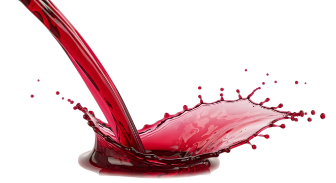 A stream of rich, dark red pomegranate juice being poured, creating an elegant splash. The color is deep and luxurious. High-speed  on a transparent background.