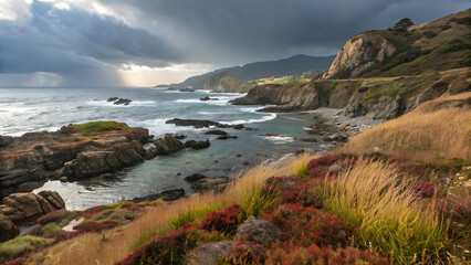 Dramatic coastal landscape under stormy skies with sunbeams breaking through clouds illuminating the rugged pacific ocean shoreline